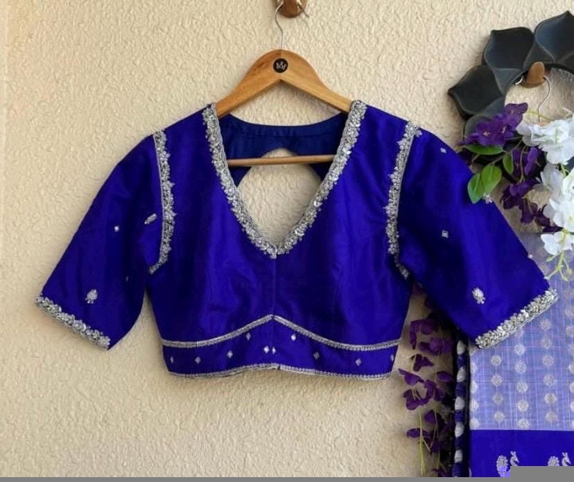 Navy blue silk hand embroidery blouse/blue saree maggam work blouse/blue saree blouse/hand embroidered blouse/blue ready made blouse zardosi