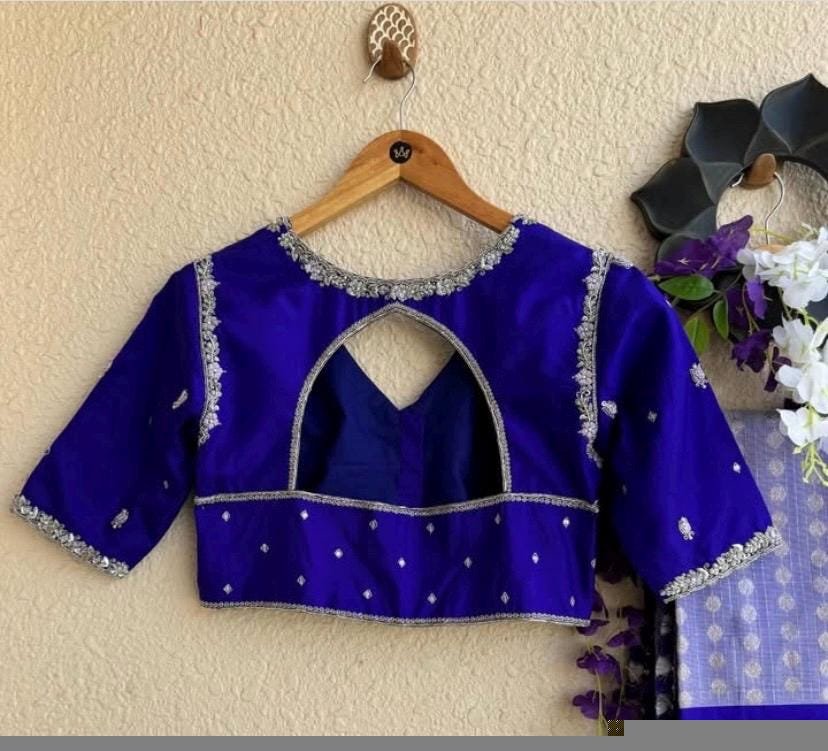 Navy blue silk hand embroidery blouse/blue saree maggam work blouse/blue saree blouse/hand embroidered blouse/blue ready made blouse zardosi
