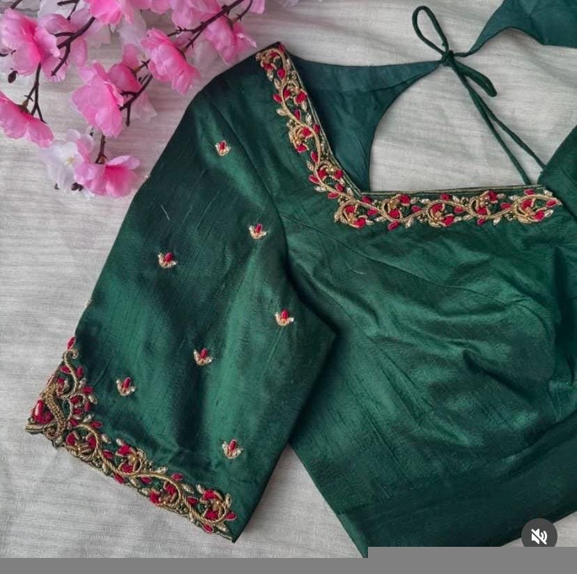 pure silk hand embroidery blouse/saree maggam blouse/green zardosi blouse/hand embroidered blouse/dark green ready made blouse zardosi usa