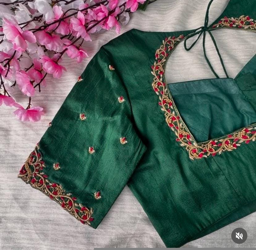 pure silk hand embroidery blouse/saree maggam blouse/green zardosi blouse/hand embroidered blouse/dark green ready made blouse zardosi usa