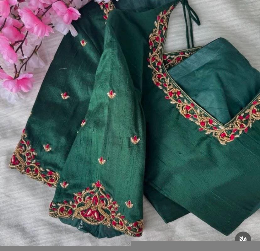 pure silk hand embroidery blouse/saree maggam blouse/green zardosi blouse/hand embroidered blouse/dark green ready made blouse zardosi usa