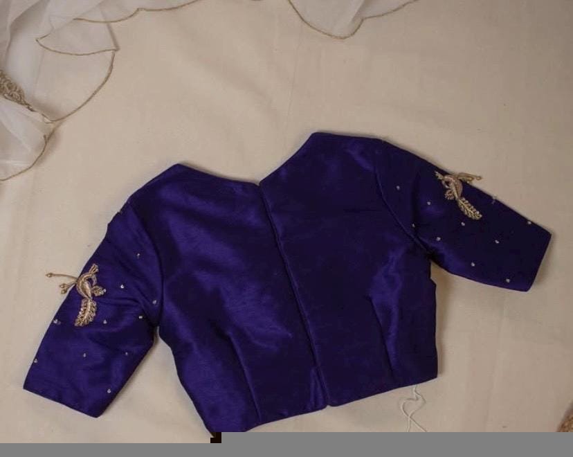 Navy Blue Silk Saree Blouse: Hand Embroidered Zardosi Crop Top