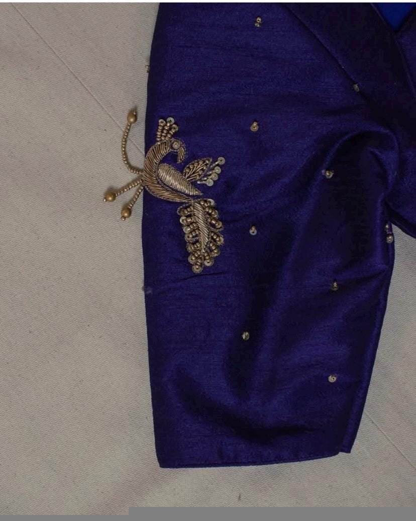 Navy Blue Silk Saree Blouse: Hand Embroidered Zardosi Crop Top