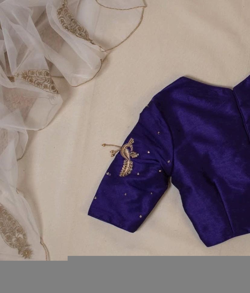 Navy Blue Silk Saree Blouse: Hand Embroidered Zardosi Crop Top