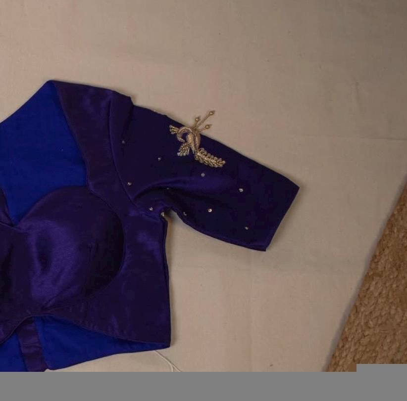 Navy Blue Silk Saree Blouse: Hand Embroidered Zardosi Crop Top