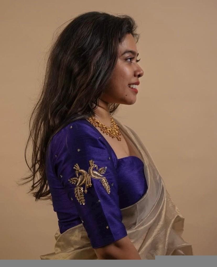 Navy Blue Silk Saree Blouse: Hand Embroidered Zardosi Crop Top