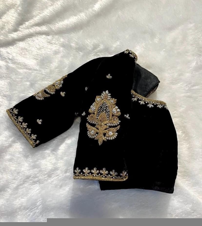 pure velvet hand embroidery blouse /modern saree maggam blouse/black zardosi blouse / hand embroidered blouse/black velvet ready made blouse
