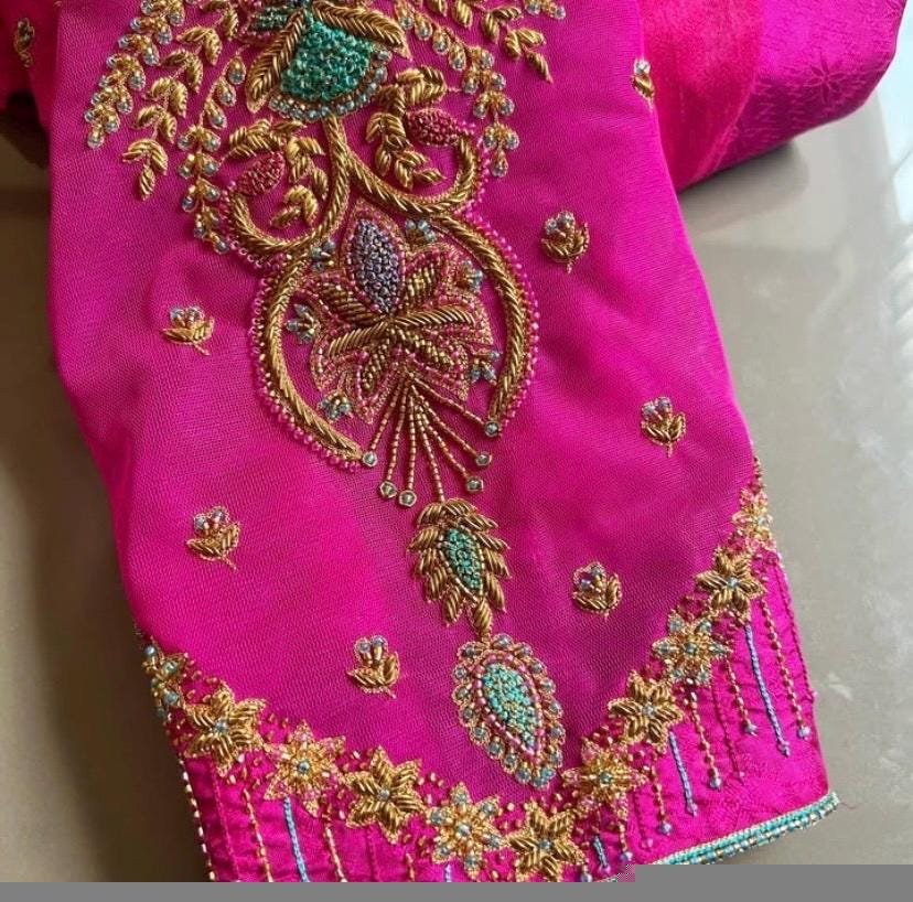 pure silk hand embroidery blouse/saree maggam blouse/bridal zardosi blouse/pink hand embroidered blouse /hot pink ready made blouse zardosi