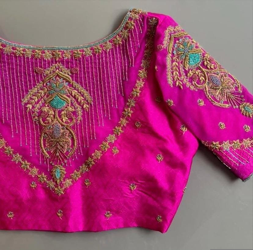 pure silk hand embroidery blouse/saree maggam blouse/bridal zardosi blouse/pink hand embroidered blouse /hot pink ready made blouse zardosi