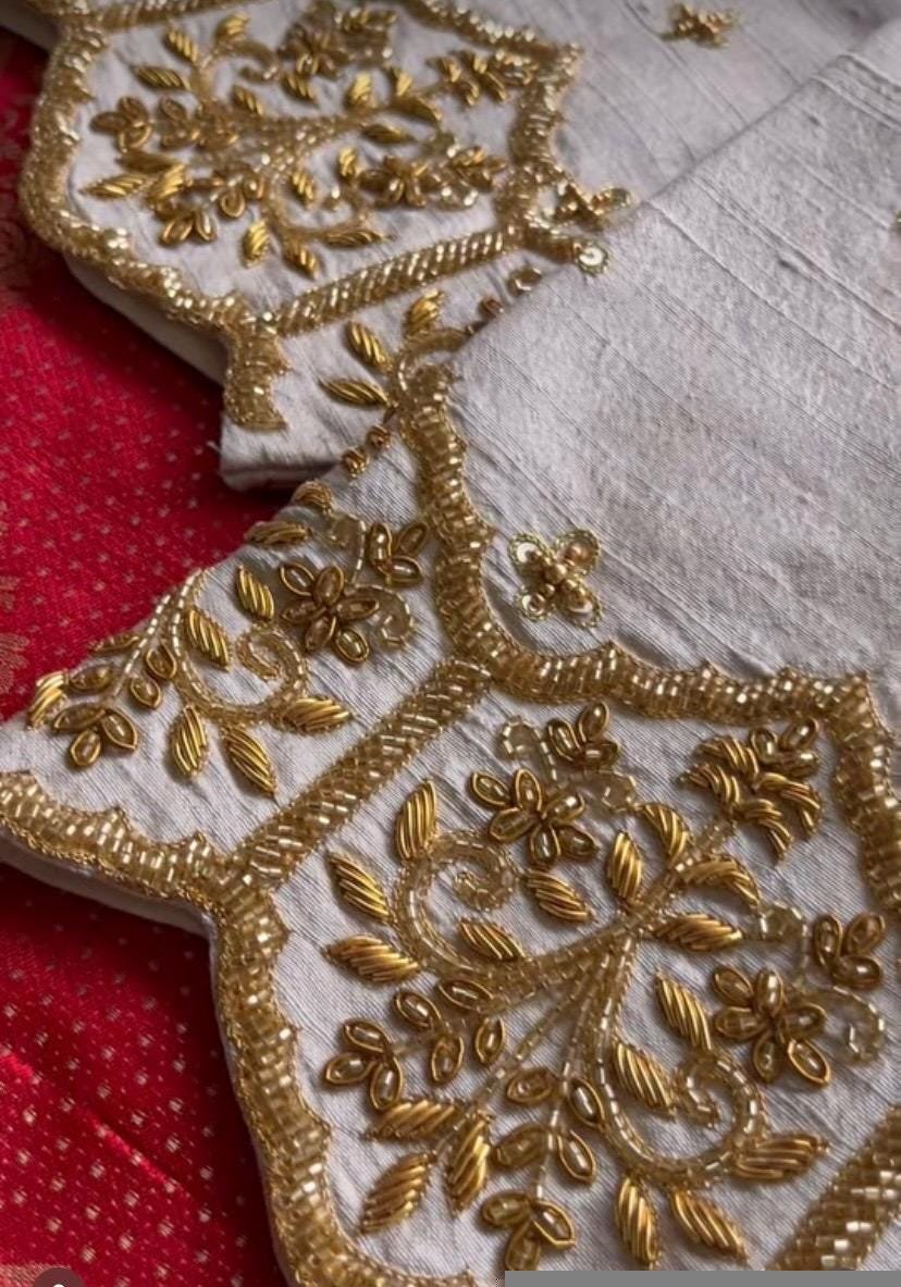 pure silk hand embroidery blouse/cream saree maggam blouse/raw silk zardosi blouse/hand embroidered blouse/cream ready made blouse zardosi