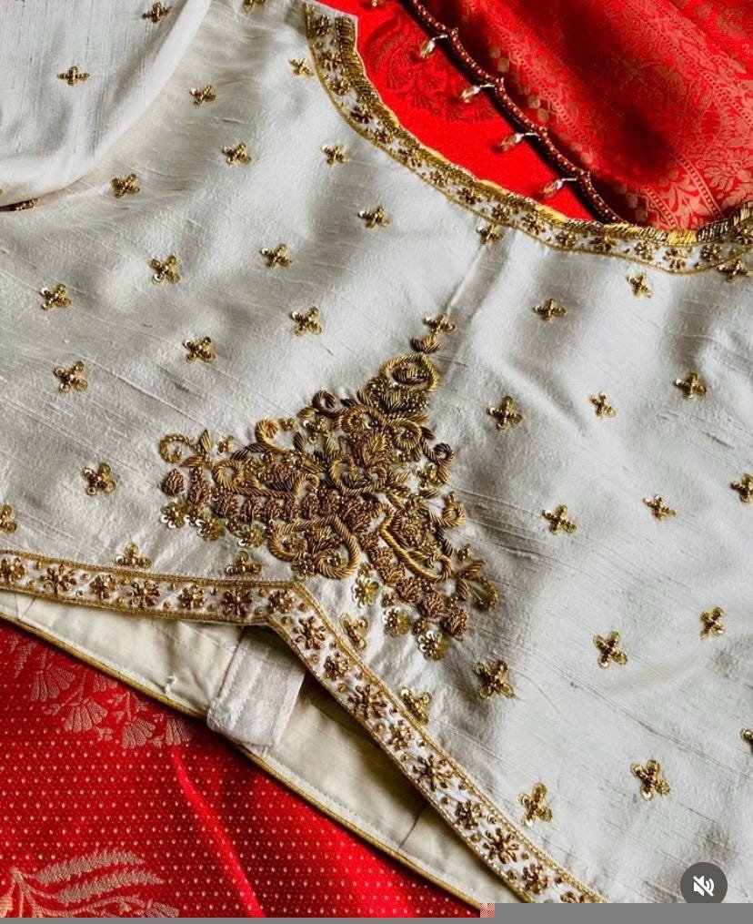 pure silk hand embroidery blouse/cream saree maggam blouse/raw silk zardosi blouse/hand embroidered blouse/cream ready made blouse zardosi
