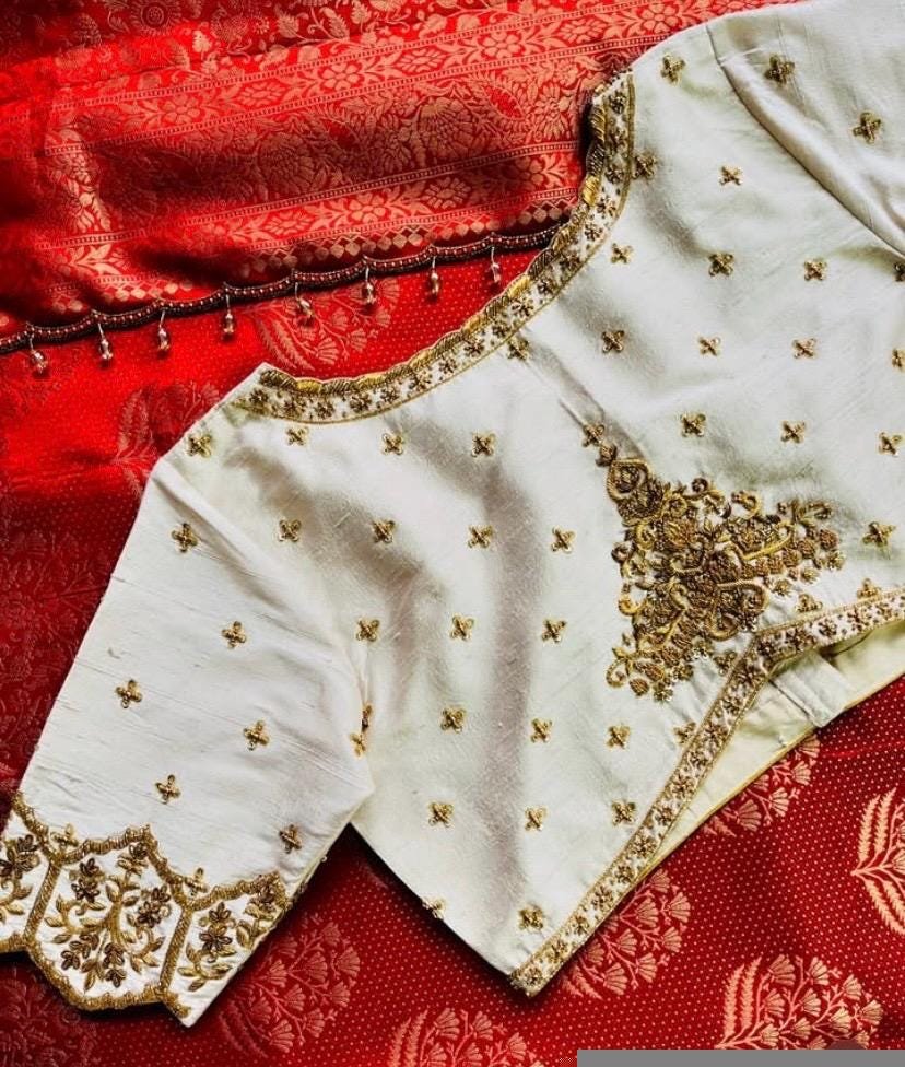pure silk hand embroidery blouse/cream saree maggam blouse/raw silk zardosi blouse/hand embroidered blouse/cream ready made blouse zardosi