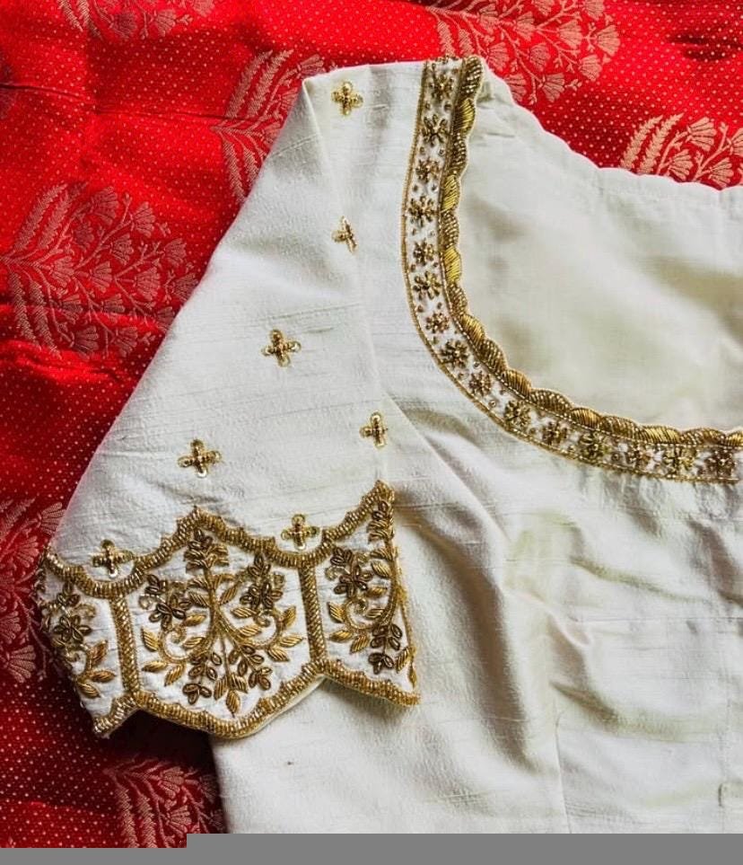 pure silk hand embroidery blouse/cream saree maggam blouse/raw silk zardosi blouse/hand embroidered blouse/cream ready made blouse zardosi