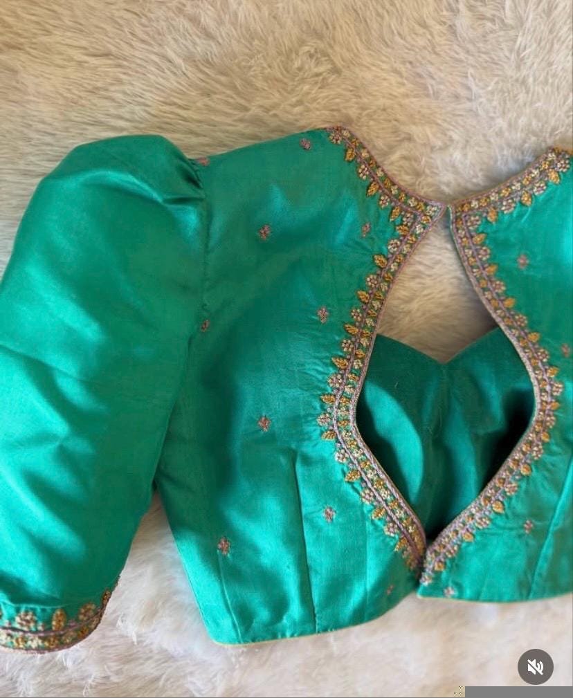 pure silk hand embroidery blouse/saree maggam blouse/ zardosi blouse/turquoise green embroidered blouse/sea green ready made blouse zardosi