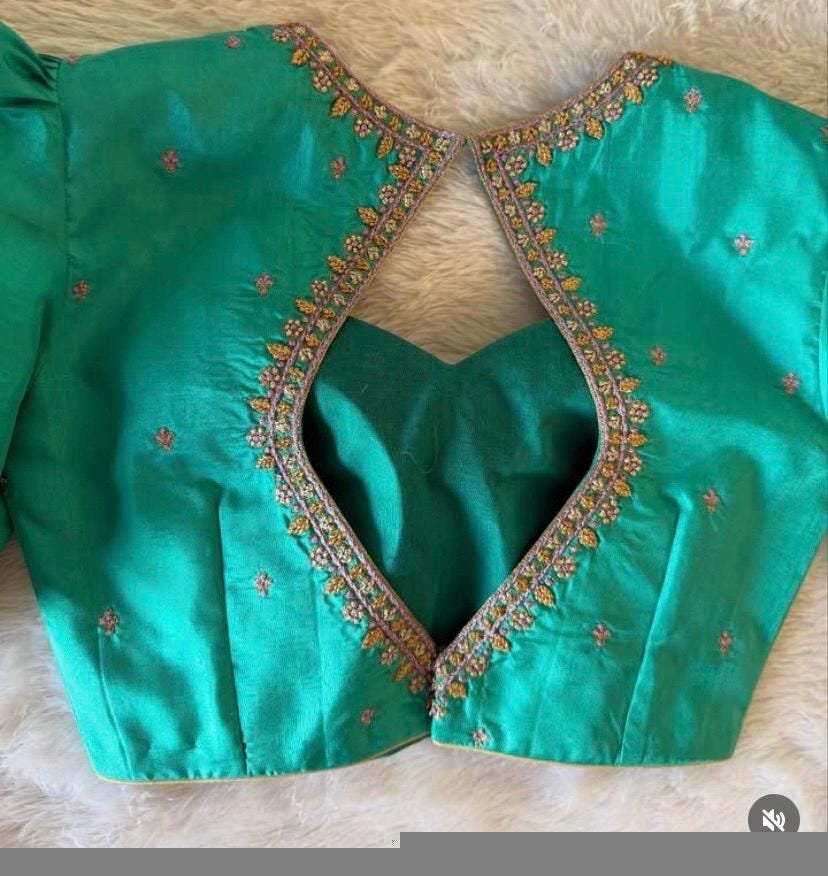 pure silk hand embroidery blouse/saree maggam blouse/ zardosi blouse/turquoise green embroidered blouse/sea green ready made blouse zardosi