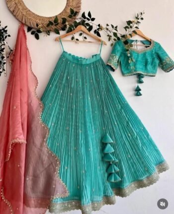 Women’s lehenga set/blue croptop lehenga/Indian crop top skirt hand embroidered lehenga set dupatt/seagreen silk skirt/blue lehenga set