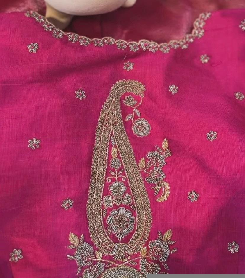 pure silk hand embroidery blouse/saree maggam blouse/hot pink zardosi blouse/hand embroidered blouse /magenta pink ready made blouse zardosi