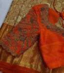 Orange Raw Silk Saree Blouse: Hand Embroidered Zardosi Maggam