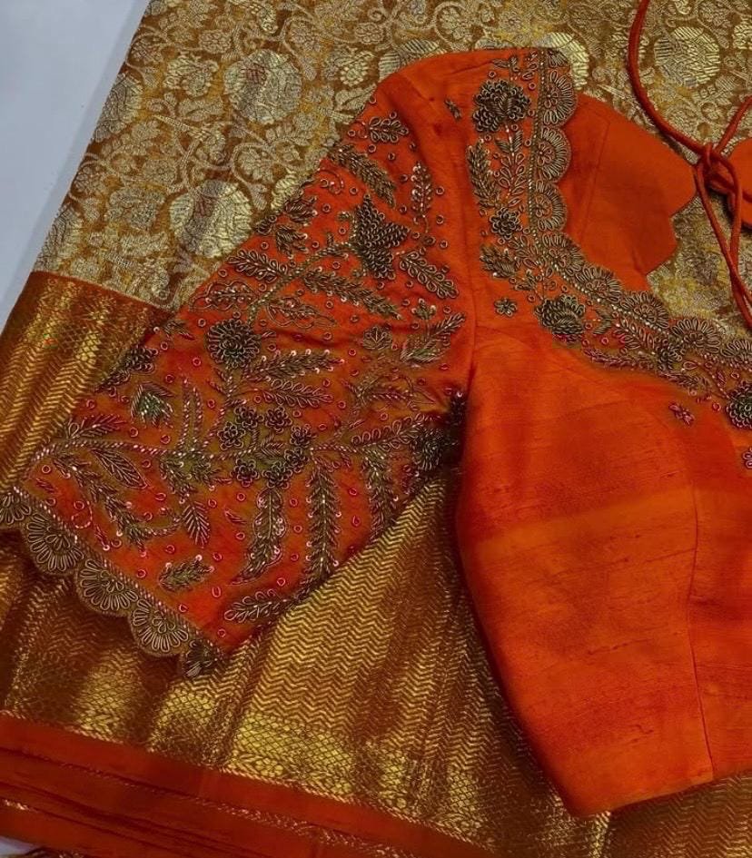 Orange Raw Silk Saree Blouse: Hand Embroidered Zardosi Maggam