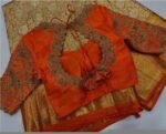Orange Raw Silk Saree Blouse: Hand Embroidered Zardosi Maggam