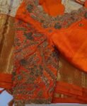 Orange Raw Silk Saree Blouse: Hand Embroidered Zardosi Maggam