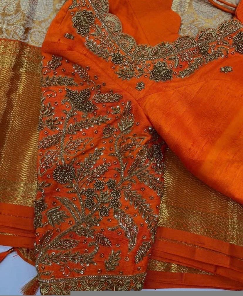Orange Raw Silk Saree Blouse: Hand Embroidered Zardosi Maggam