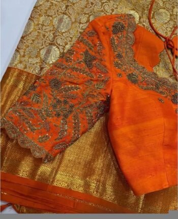 Orange Raw Silk Saree Blouse: Hand Embroidered Zardosi Maggam