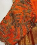 Orange Raw Silk Saree Blouse: Hand Embroidered Zardosi Maggam