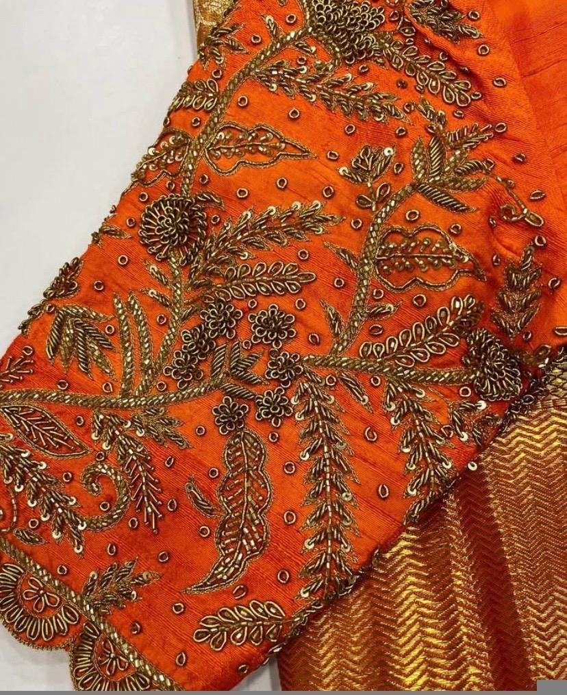 Orange Raw Silk Saree Blouse: Hand Embroidered Zardosi Maggam
