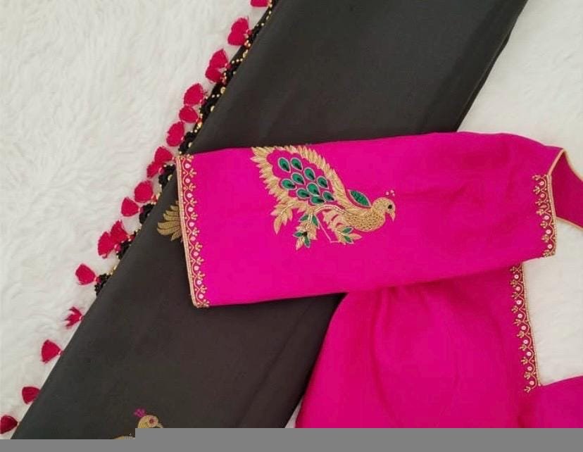 Pink pure silk hand embroidery blouse/readymade maggam blouse/pink saree blouse/ hand embroidered blouse /ready made handmade blouse zardosi