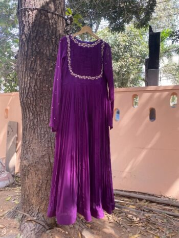 Hand embroidered Anarkali dress/purple anarkali suit set/purple hand work anarkali Indian dresses/purple full sleeves embroidered Anarka