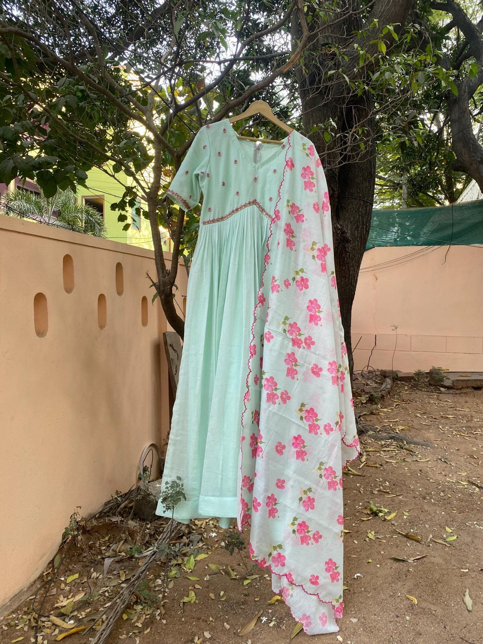 Anarkali with floral dupatta/anarkali suit set/ice blue anarkali/summer anarkali dupatta USA/floral embroidery dupatta/ Indian summer kurta