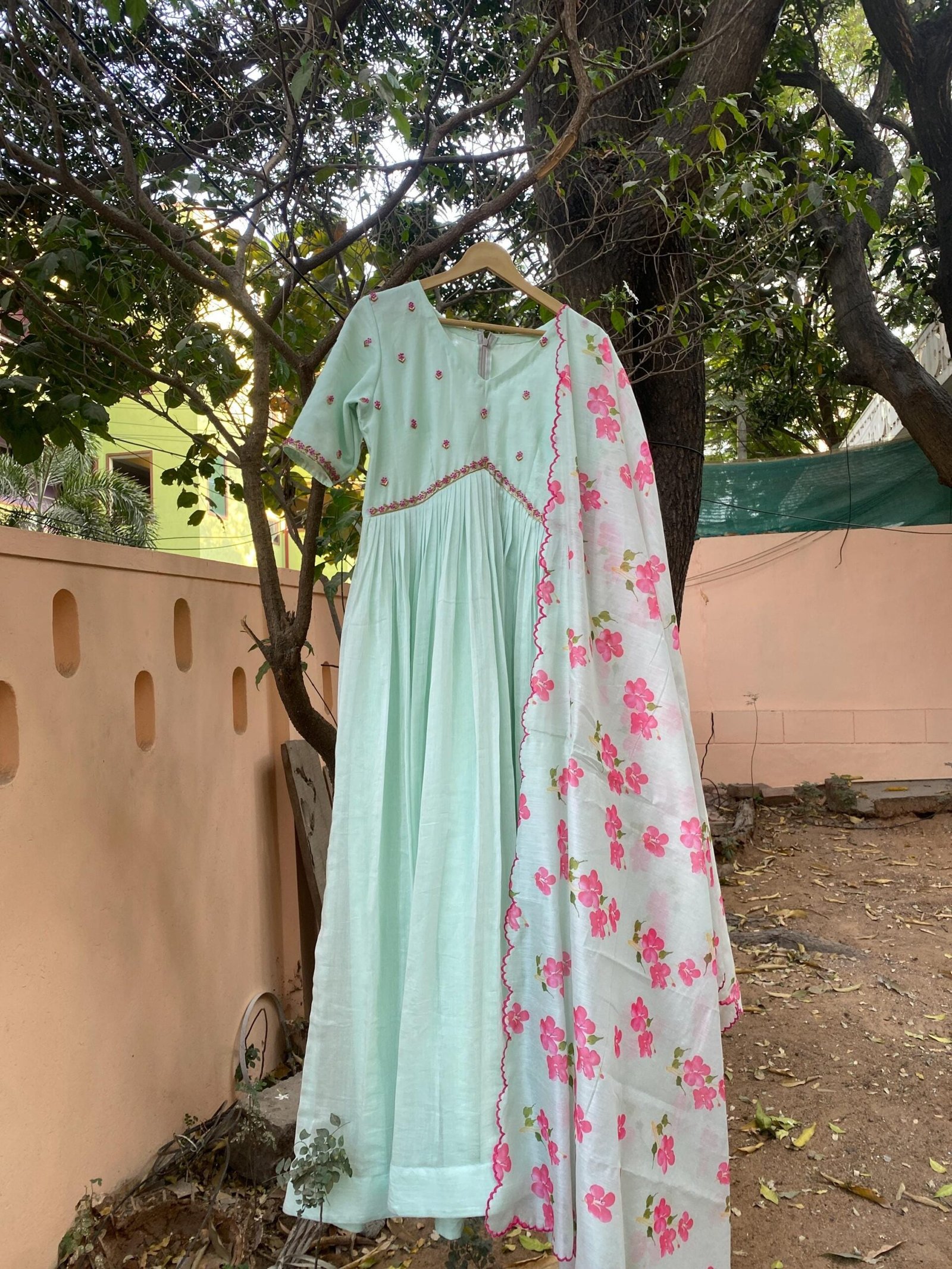 Anarkali with floral dupatta/anarkali suit set/ice blue anarkali/summer anarkali dupatta USA/floral embroidery dupatta/ Indian summer kurta