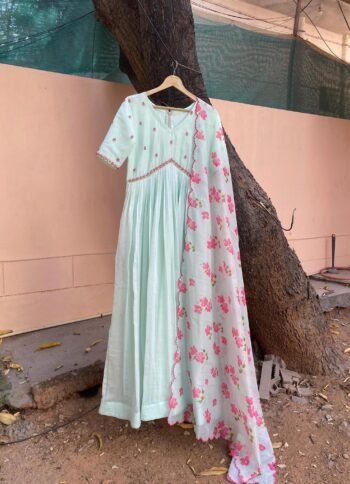 Anarkali with floral dupatta/anarkali suit set/ice blue anarkali/summer anarkali dupatta USA/floral embroidery dupatta/ Indian summer kurta