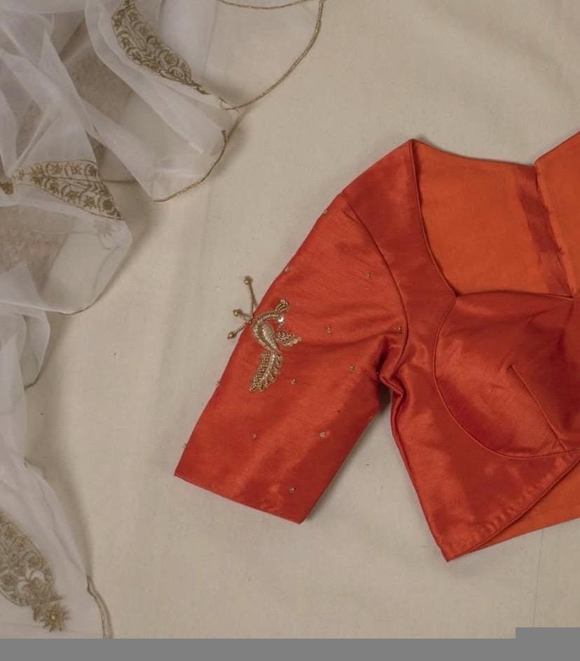 Orange silk hand embroidery blouse/orange saree maggam blouse/orange saree blouse/simplehand embroidered blouse/orange ready made blouse zar