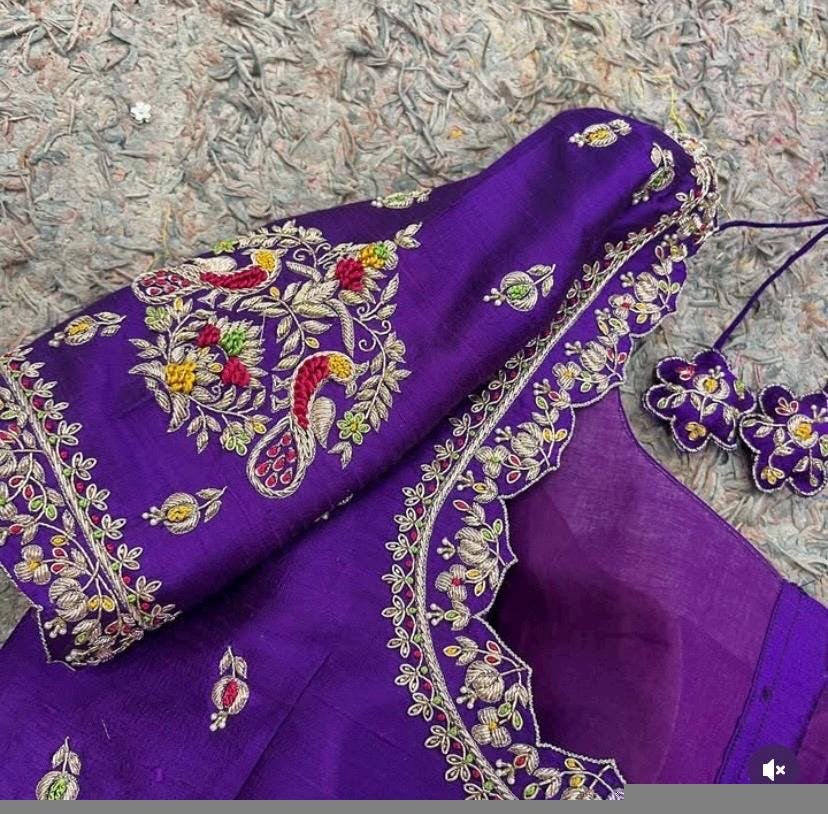 pure silk hand embroidery blouse/ saree maggam blouse/purple zardosi blouse usa/hand embroidered moderblouse/ ready made blouse zardosi usa