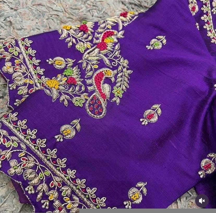 pure silk hand embroidery blouse/ saree maggam blouse/purple zardosi blouse usa/hand embroidered moderblouse/ ready made blouse zardosi usa