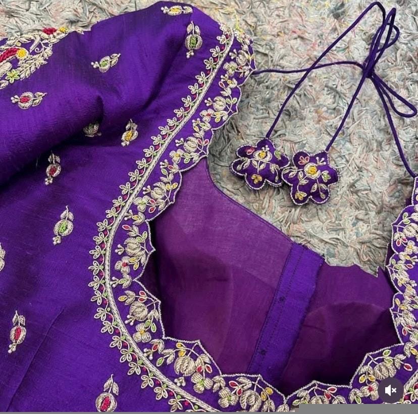 pure silk hand embroidery blouse/ saree maggam blouse/purple zardosi blouse usa/hand embroidered moderblouse/ ready made blouse zardosi usa