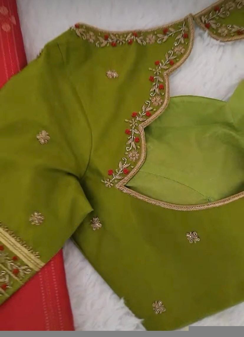 Hand Embroidered Green Silk Saree Blouse: Zardosi Maggam Work