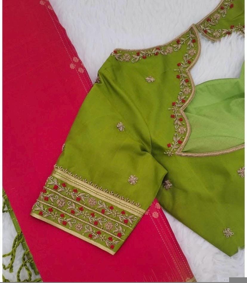 Hand Embroidered Green Silk Saree Blouse: Zardosi Maggam Work