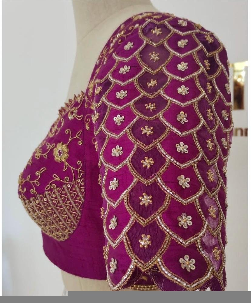 Pure Silk Hand Embroidered Blouse: Magenta Pink Zardosi Maggam