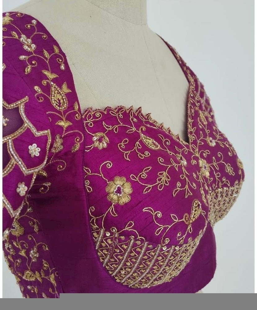 Pure Silk Hand Embroidered Blouse: Magenta Pink Zardosi Maggam