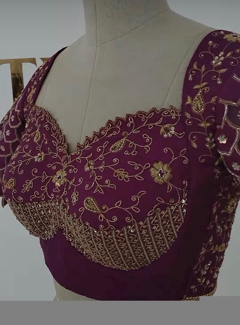 Pure Silk Hand Embroidered Blouse: Magenta Pink Zardosi Maggam