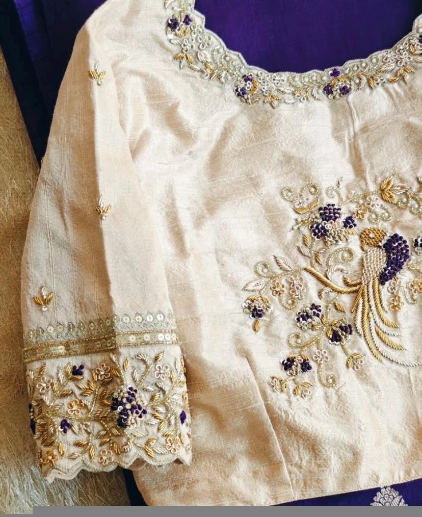Hand Embroidered Zardosi Blouse: Cream Raw Silk Saree Blouse