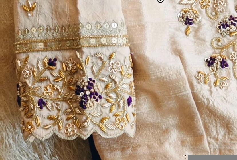 Hand Embroidered Zardosi Blouse: Cream Raw Silk Saree Blouse