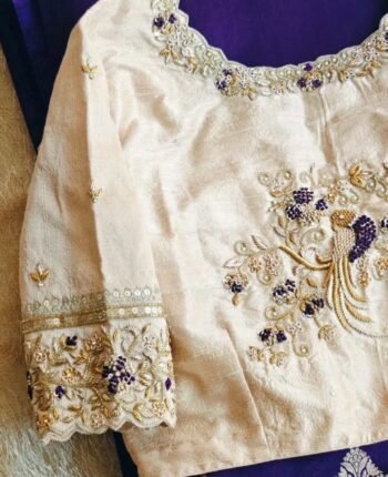 Hand Embroidered Zardosi Blouse: Cream Raw Silk Saree Blouse