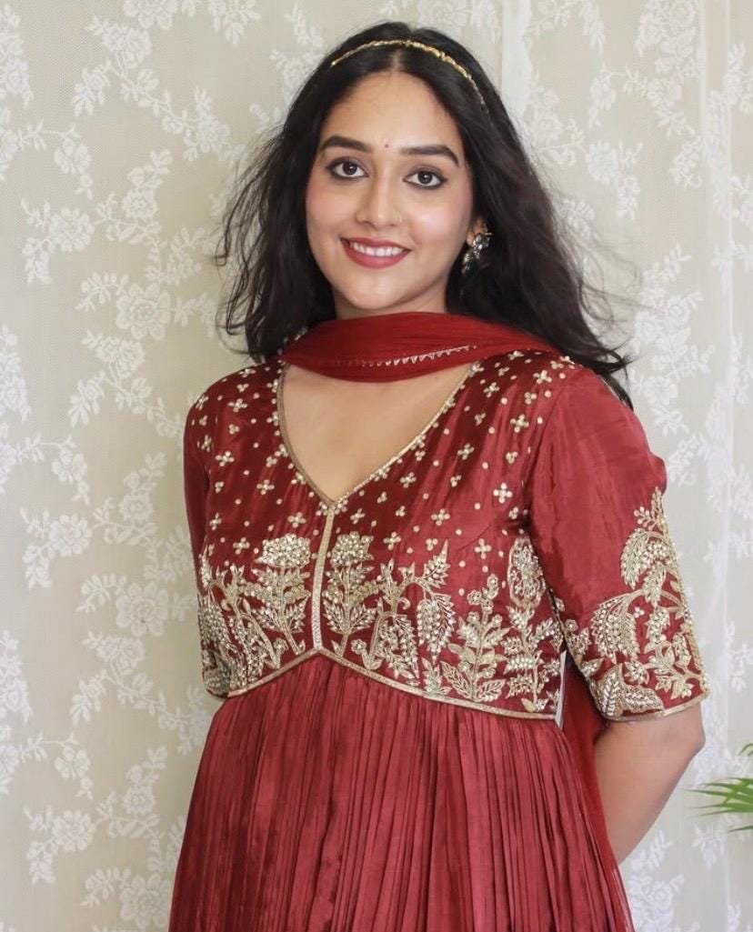 Hand embroidered Anarkali dupatta/anarkali suit set/brown anarkali with dupatta/maroon red kurta with dupatta/burgundy red anarkali dress