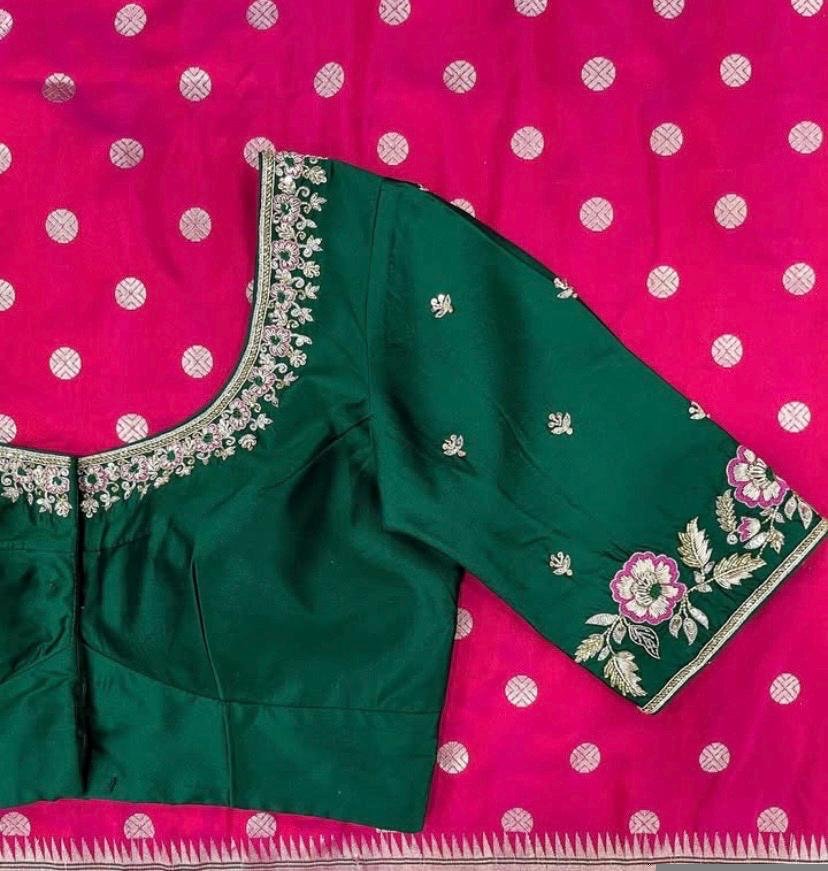 Green Silk Saree Blouse: Hand Embroidered Zardosi Crop Top