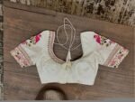 Hand Embroidered Silk Saree Blouse: Cream Zardosi Maggam Work