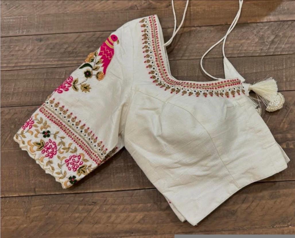 Hand Embroidered Silk Saree Blouse: Cream Zardosi Maggam Work